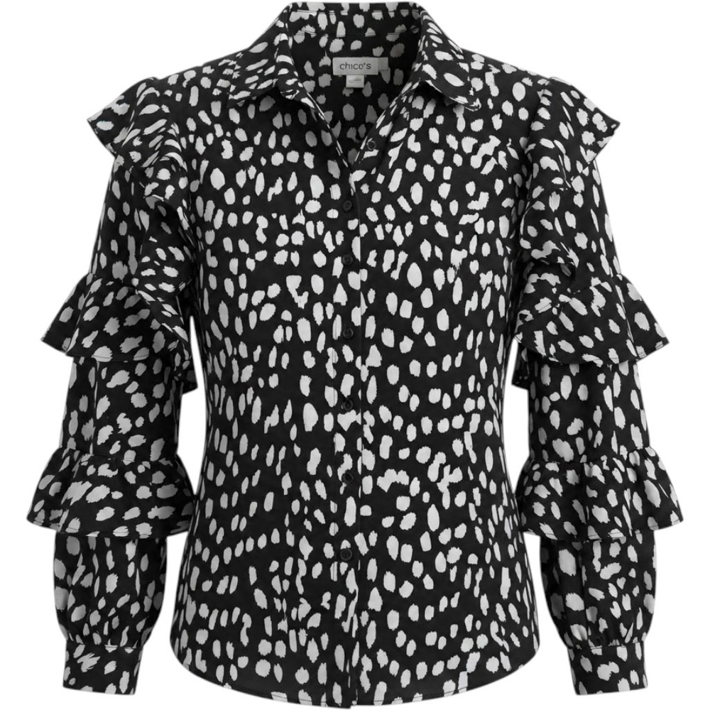 Chico's Women Size 1.5 (10) Black White Animal Print Ruffle Sleeve Blouse
